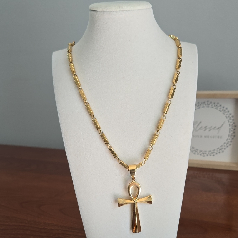 Goldtone Ankh Stainless Steel Pendant Necklace